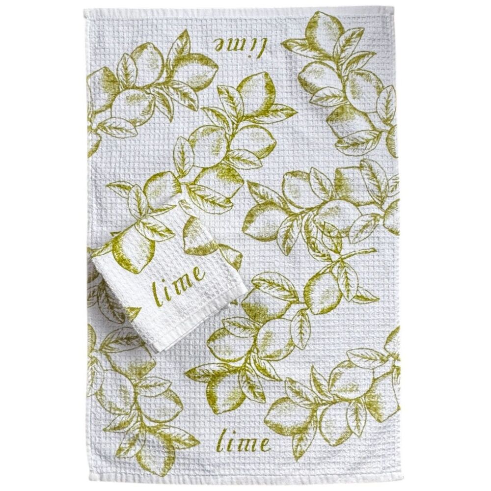 La Patisserie Lime Print White Cotton Waffle Knit Textured Kitchen Towel Pair